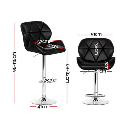 2x Bar Stools Gas Lift Padded Leather Black Furniture Kings Warehouse 