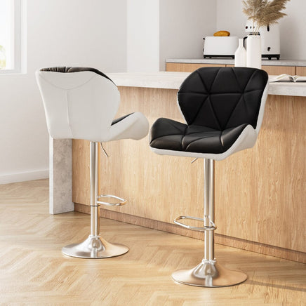 2x Bar Stools Gas Lift Padded Leather Black & White Furniture Kings Warehouse 