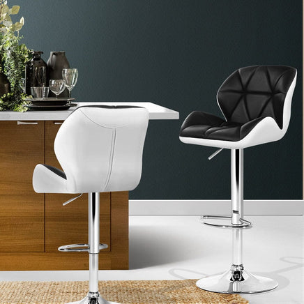 2x Bar Stools Gas Lift Padded Leather Black & White Furniture Kings Warehouse 