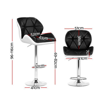 2x Bar Stools Gas Lift Padded Leather Black & White Furniture Kings Warehouse 