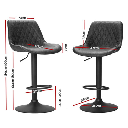 2x Bar Stools Gas Lift Vintage Leather Black Furniture Kings Warehouse 