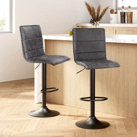 2x Bar Stools Gas Lift Vintage Leather Grey Furniture Kings Warehouse 