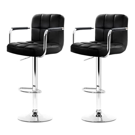 2x Bar Stools Leather Gas Lift w/Armrest Black Furniture Kings Warehouse 