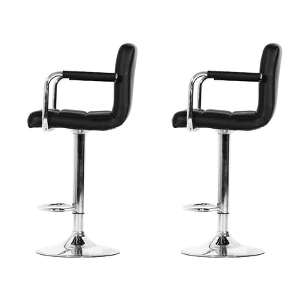 2x Bar Stools Leather Gas Lift w/Armrest Black Furniture Kings Warehouse 