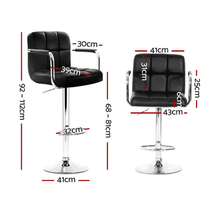 2x Bar Stools Leather Gas Lift w/Armrest Black Furniture Kings Warehouse 