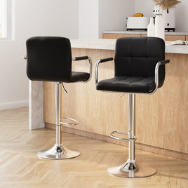 2x Bar Stools Leather Gas Lift w/Armrest Black Furniture Kings Warehouse 