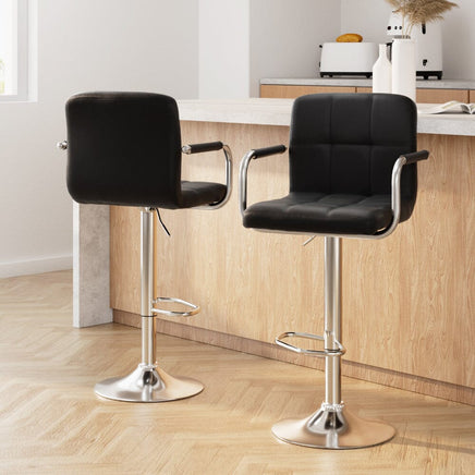 2x Bar Stools Leather Gas Lift w/Armrest Black Furniture Kings Warehouse 
