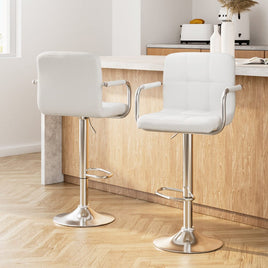 2x Bar Stools Leather Gas Lift w/Armrest White Furniture Kings Warehouse 