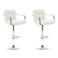 2x Bar Stools Leather Gas Lift w/Armrest White