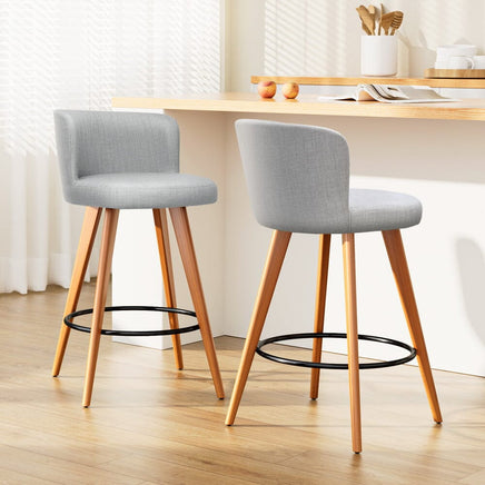 2x Bar Stools Linen Padded Wooden Grey Furniture Kings Warehouse 