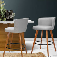 2x Bar Stools Linen Padded Wooden Grey Furniture Kings Warehouse 