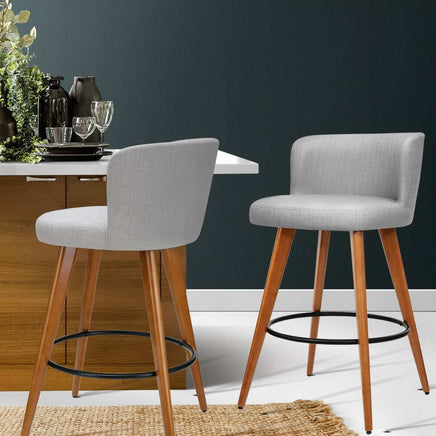 2x Bar Stools Linen Padded Wooden Grey Furniture Kings Warehouse 