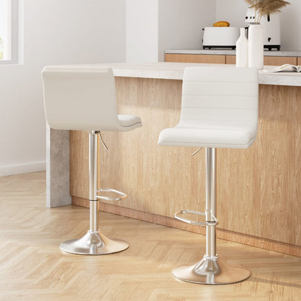 2x Bar Stools Padded Leather Gas Lift White Furniture Kings Warehouse 