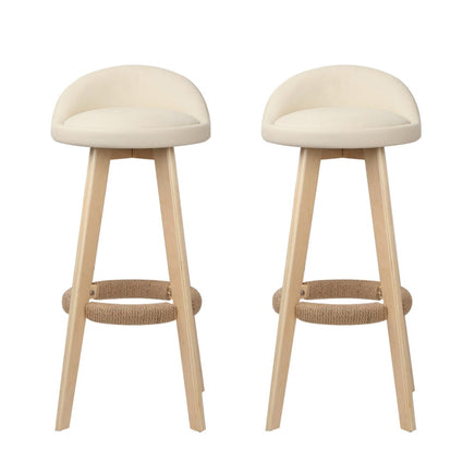 2x Bar Stools Padded Leather Wooden Beige Furniture Kings Warehouse 