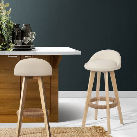 2x Bar Stools Padded Leather Wooden Beige Furniture Kings Warehouse 