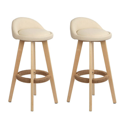 2x Bar Stools Padded Leather Wooden Beige Furniture Kings Warehouse 