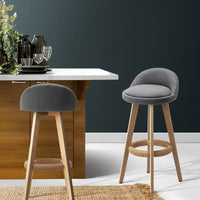 2x Bar Stools Padded Linen Wooden Grey Furniture Kings Warehouse 