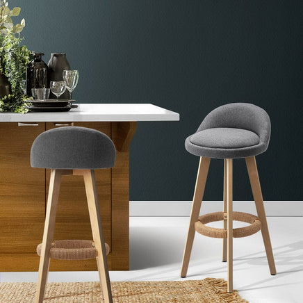 2x Bar Stools Padded Linen Wooden Grey Furniture Kings Warehouse 