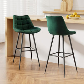 2x Bar Stools Velvet Chairs Green Furniture Kings Warehouse 