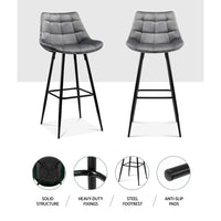 2x Bar Stools Velvet Chairs Grey Furniture Kings Warehouse 