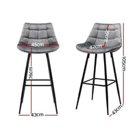 2x Bar Stools Velvet Chairs Grey Furniture Kings Warehouse 