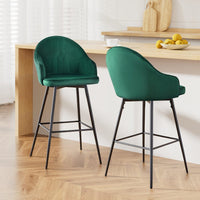 2x Bar Stools Velvet Swivel Metal Legs Green Furniture Kings Warehouse 