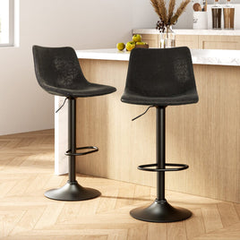2x Bar Stools Vintage Leather Swivel Gas Lift Black Furniture Kings Warehouse 