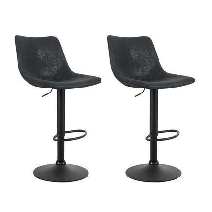 2x Bar Stools Vintage Leather Swivel Gas Lift Black Furniture Kings Warehouse 