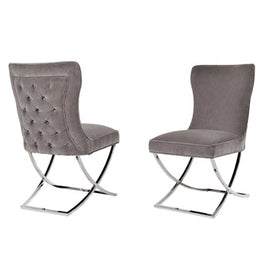 2X Dining Chair Grey Fabric Upholstery Beautiful Quilting Shiny Silver Colour Legs Furniture Kings Warehouse 