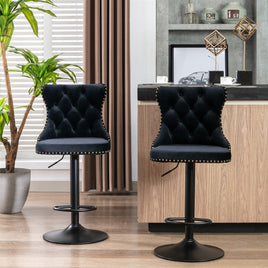 2x Height Adjustable Swivel Bar Stool Velvet Nailhead Barstool with Footrest Furniture Kings Warehouse 
