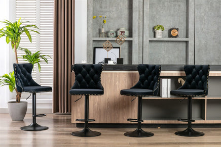2x Height Adjustable Swivel Bar Stool Velvet Nailhead Barstool with Footrest Furniture Kings Warehouse 