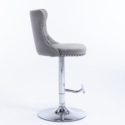 2x Height Adjustable Swivel Bar Stool Velvet Stud Barstool with Footrest and Chromed Base- Gray Furniture Kings Warehouse 
