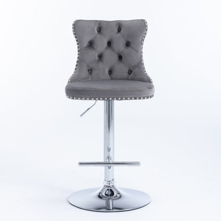 2x Height Adjustable Swivel Bar Stool Velvet Stud Barstool with Footrest and Chromed Base- Gray Furniture Kings Warehouse 