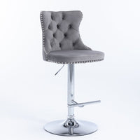 2x Height Adjustable Swivel Bar Stool Velvet Stud Barstool with Footrest and Chromed Base- Gray Furniture Kings Warehouse 
