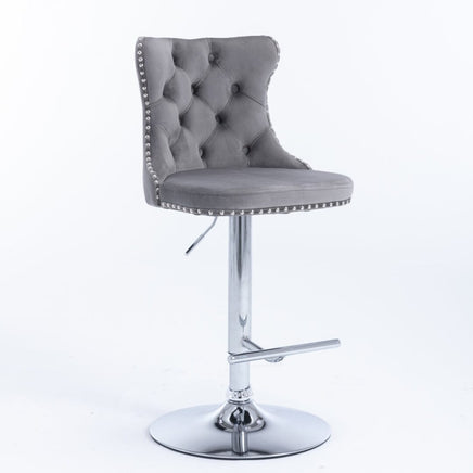 2x Height Adjustable Swivel Bar Stool Velvet Stud Barstool with Footrest and Chromed Base- Gray Furniture Kings Warehouse 