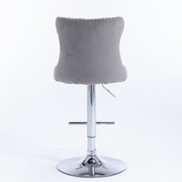2x Height Adjustable Swivel Bar Stool Velvet Stud Barstool with Footrest and Chromed Base- Gray Furniture Kings Warehouse 