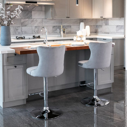 2x Height Adjustable Swivel Bar Stool Velvet Stud Barstool with Footrest and Chromed Base- Gray Furniture Kings Warehouse 