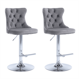 2x Height Adjustable Swivel Bar Stool Velvet Stud Barstool with Footrest and Chromed Base- Gray Furniture Kings Warehouse 