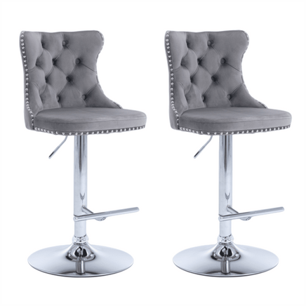 2x Height Adjustable Swivel Bar Stool Velvet Stud Barstool with Footrest and Chromed Base- Gray Furniture Kings Warehouse 