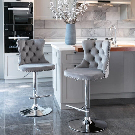 2x Height Adjustable Swivel Bar Stool Velvet Stud Barstool with Footrest and Chromed Base- Gray Furniture Kings Warehouse 