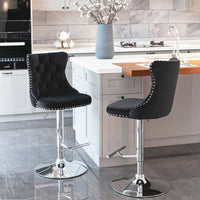 2x Height Adjustable Swivel Bar Stool Velvet Studs Barstool with Footrest and Chromed Base- Black Furniture Kings Warehouse 