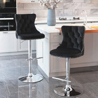 2x Height Adjustable Swivel Bar Stool Velvet Studs Barstool with Footrest and Chromed Base- Black Furniture Kings Warehouse 