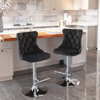 2x Height Adjustable Swivel Bar Stool Velvet Studs Barstool with Footrest and Chromed Base- Black Furniture Kings Warehouse 