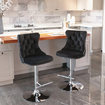 2x Height Adjustable Swivel Bar Stool Velvet Studs Barstool with Footrest and Chromed Base- Black Furniture Kings Warehouse 