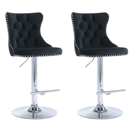 2x Height Adjustable Swivel Bar Stool Velvet Studs Barstool with Footrest and Chromed Base- Black Furniture Kings Warehouse 