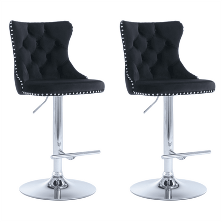 2x Height Adjustable Swivel Bar Stool Velvet Studs Barstool with Footrest and Chromed Base- Black Furniture Kings Warehouse 