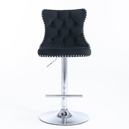 2x Height Adjustable Swivel Bar Stool Velvet Studs Barstool with Footrest and Chromed Base- Black Furniture Kings Warehouse 