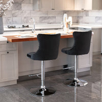 2x Height Adjustable Swivel Bar Stool Velvet Studs Barstool with Footrest and Chromed Base- Black Furniture Kings Warehouse 