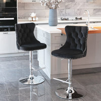 2x Height Adjustable Swivel Bar Stool Velvet Studs Barstool with Footrest and Chromed Base- Black Furniture Kings Warehouse 