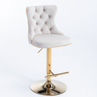 2x Height Adjustable Swivel Bar Stool Velvet Studs Barstool with Footrest and Golden Base- Beige Furniture Kings Warehouse 